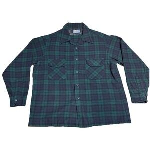 Vintage Pendleton Board Shirt 100% Wool Black Watch Plaid Flannel Loop Collar